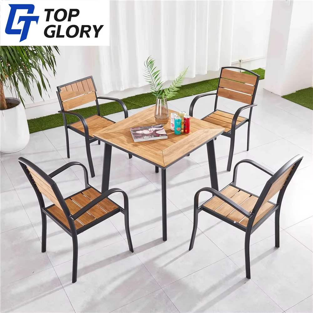 TG Modern Design Outdoor Garden Dining Set Waterproof Wood and Plastic Stack Chairs with a Colorful Wood Table