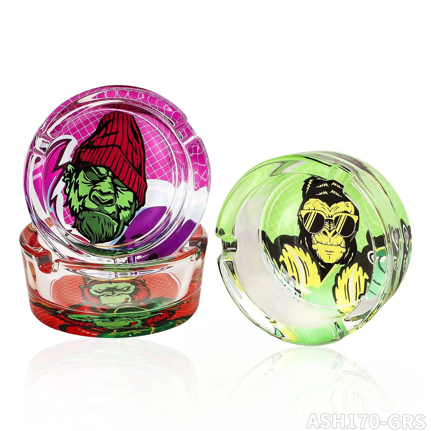 Wholesale Gorilla Design Glass Ashtray With 6 Patterns Per Display Box 85mm Cigarette Ashtray Support Custom Smoking Ashtray