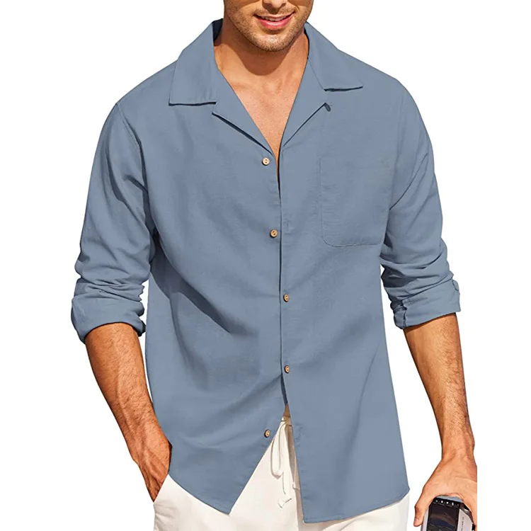 Custom Full Sleeve Oversized Button Cuban Collar Shirt Men Solid Color Cotton Shirts Button Down