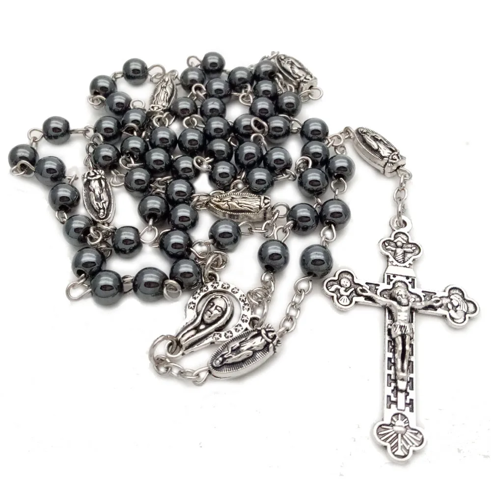 Black Gallstone Rosary Necklace Retro Cross Catholic Supplies Religious Wholesale Rosary beads