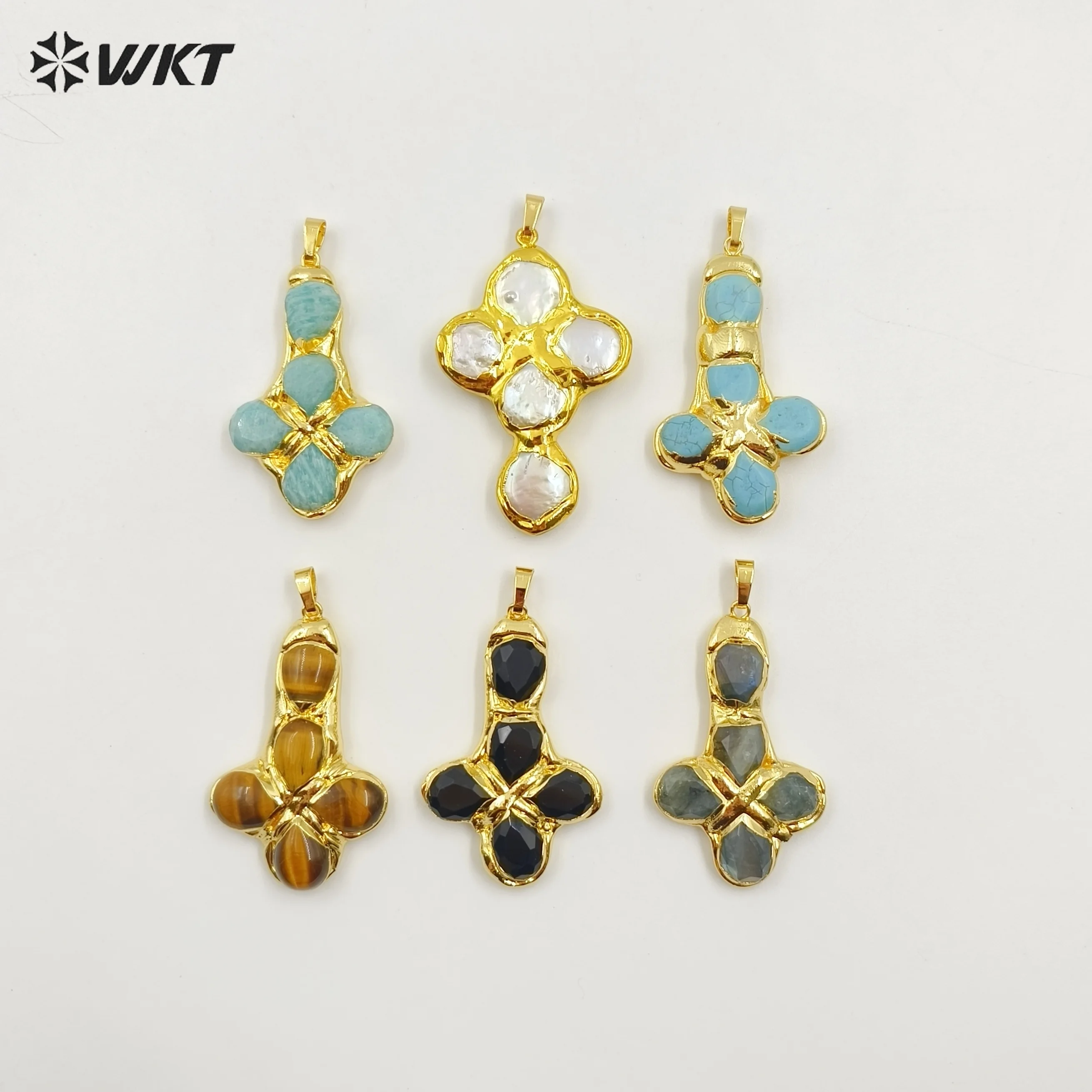 WT-P1962 Wholesale Amazing New Design Natural Gemstone Made Drop Shape Assemble Cross Jewelry Pendants