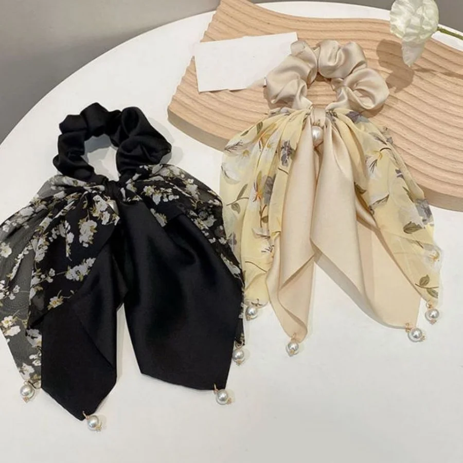 Women Floral streamer Scrunchy Bow scrunchies Headpiece Summer Hair Tie High Ponytail Hair Accessories Wholesale