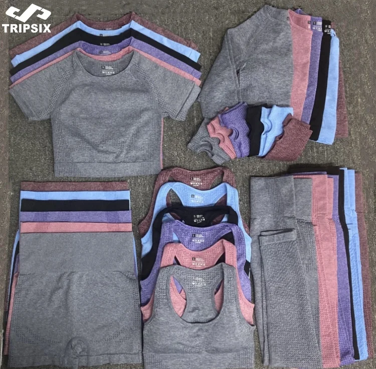 Christmas Sale Wholesale High Quality 5pcs Set Seamless Longsleeve Yoga Crop Top Short Pant Fitness Bra Gym Legging Set