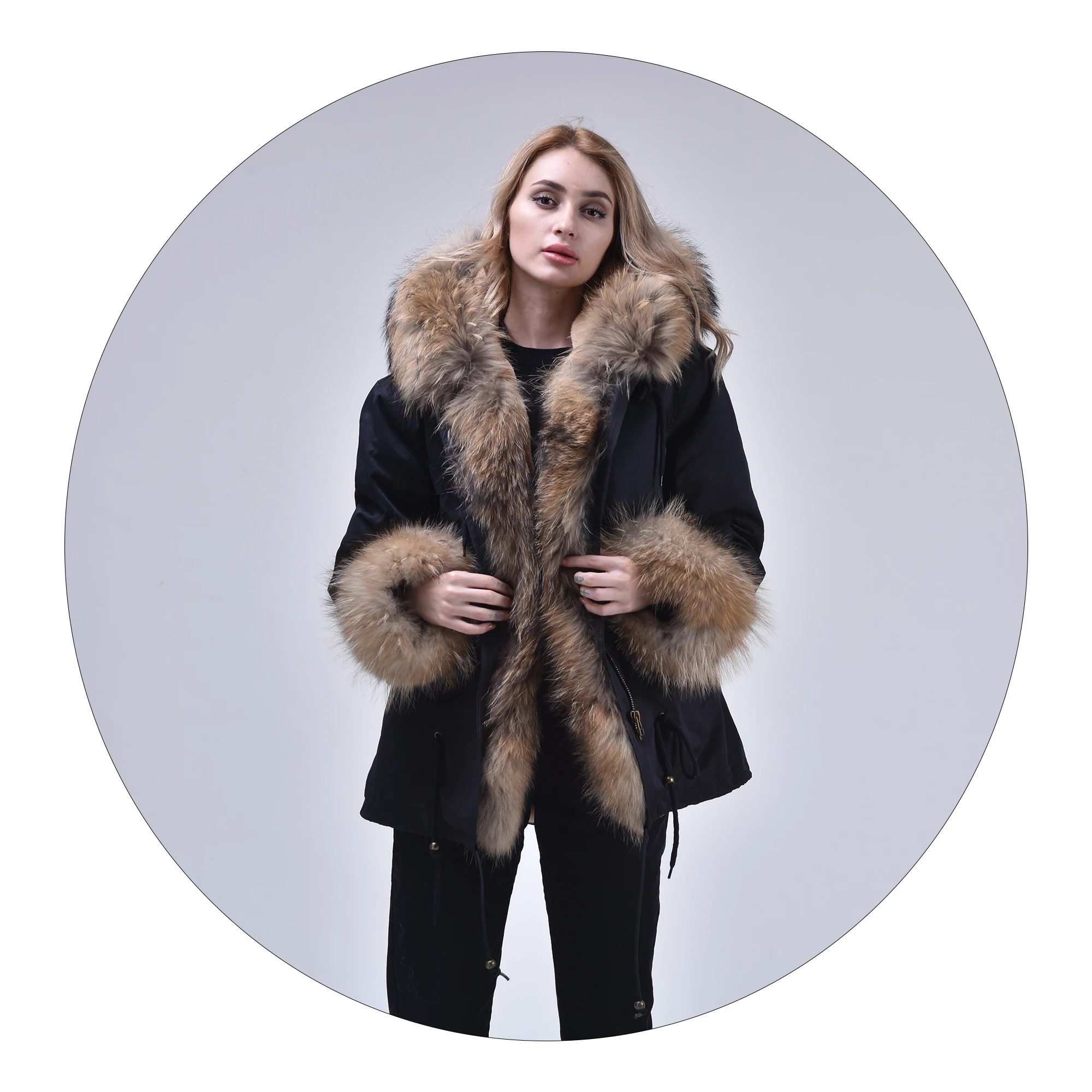 Good Price Raccoon Fur Bomber Jacket Wholesale Real Fur Hooded Winter Coat for women