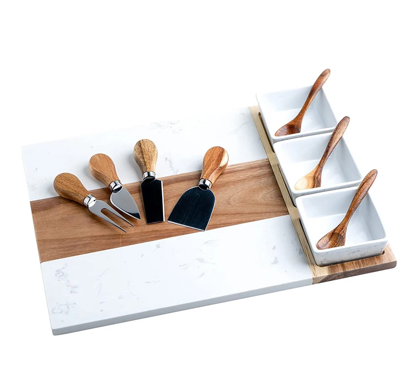 Hot Selling Charcuterie Serving Platter Wood Marble Cheese Board Set With 3 Bowls 3 Spoons 4 Cheese Tools Kitchen Accessories