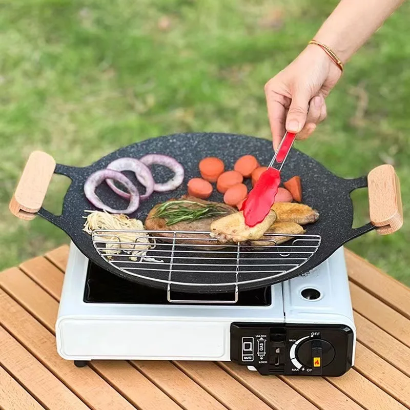 round Iron Plate Carabiner Universal Non-Stick Grill Pan for Outdoor Party Portable Barbecue Plate