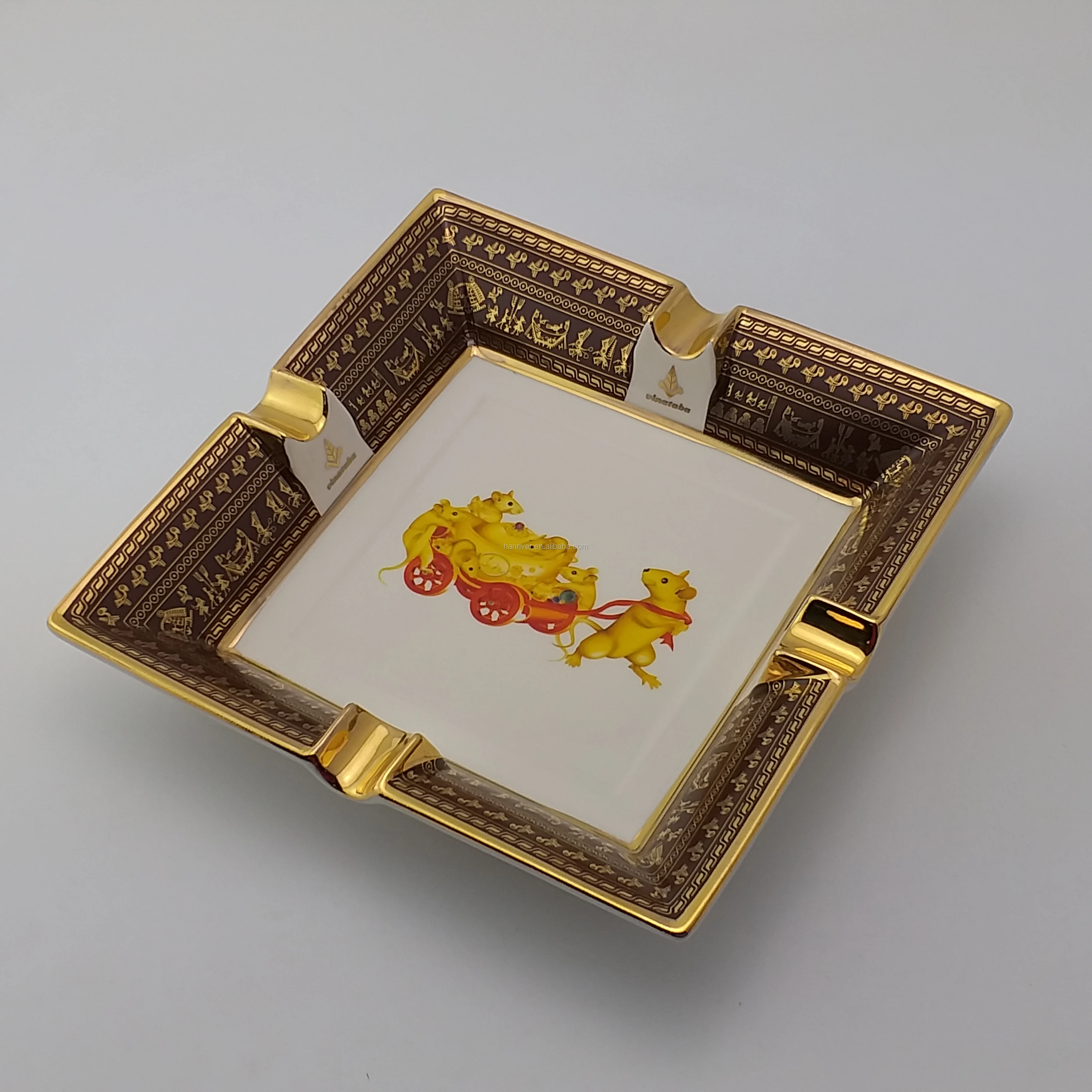 New bone china square ceramic cigar ashtray with customized logo and hand paint 4 full gold cigar rest