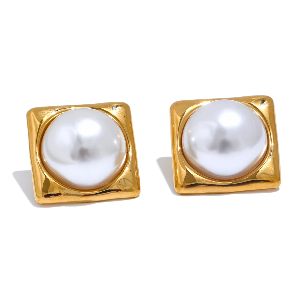 JINYOU 4381 Fashion High-grade Simulated Pearls Ear Studs Trendy Stainless Steel Square Stud Earrings for Women Accessories Gift