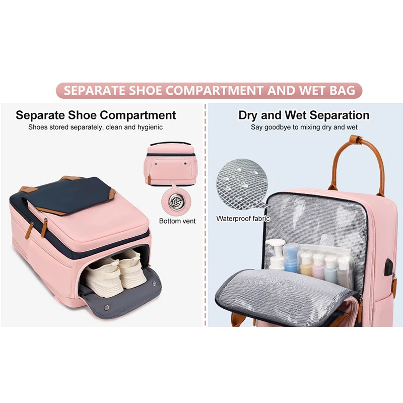 Separate shoe compartment wet bag convenient USB port comfortable breathable laptop backpack for women men.