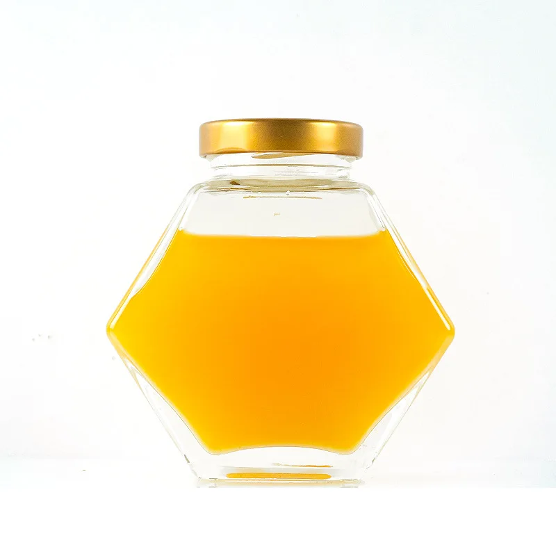 220ml 380ml honey jam food storage hexagonal honey glass jar jam jar with golden lid