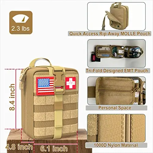 Emergency Compact Combat Tactical 150 Pieces Molle Survival Treatment Care EMT Trauma First Aid Kit for Camping Hunting