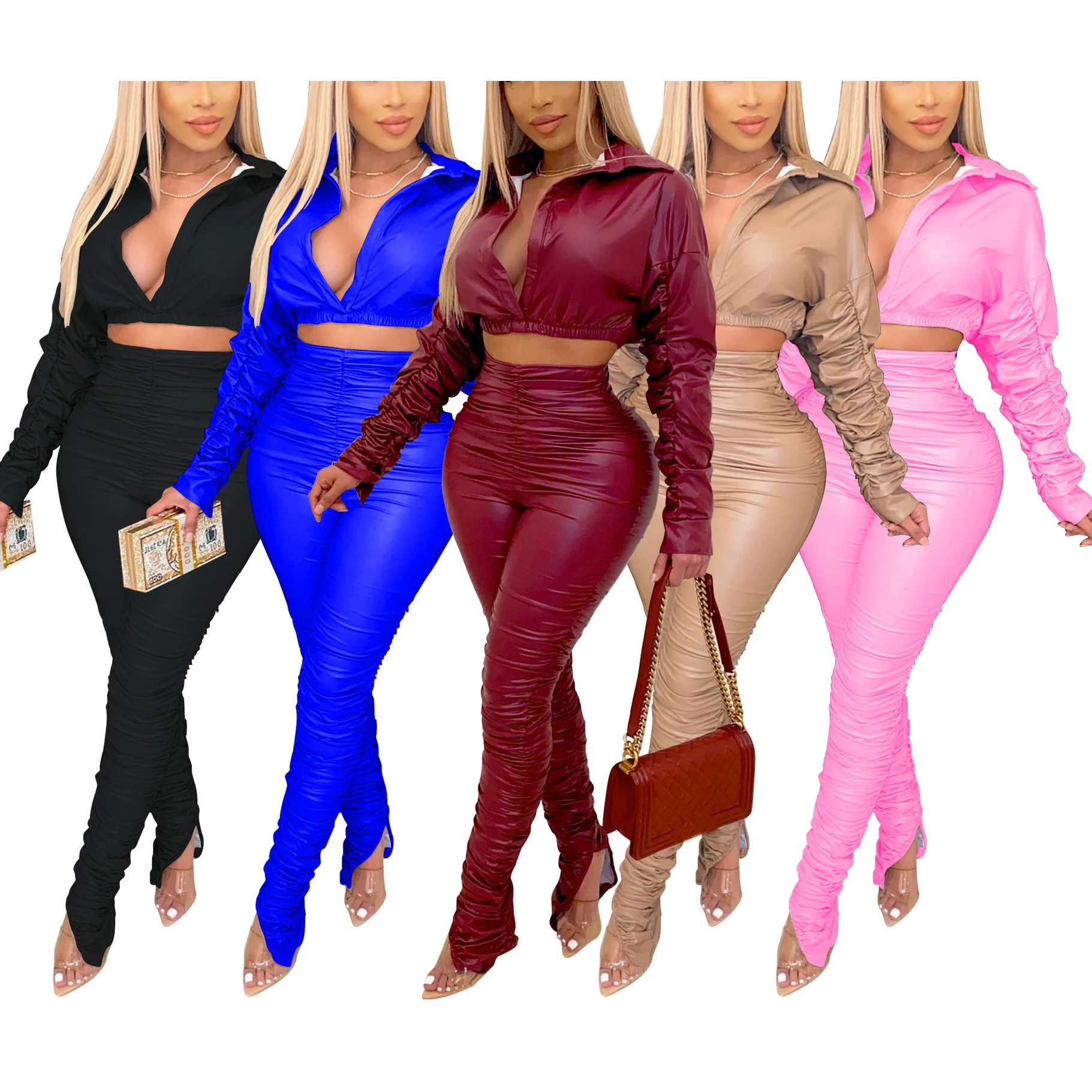 Magicmk Winter New Fashion 2 Piece Stacked Pants Set Women Boutique Clothing Stacked Leather Trousers Jacket ladies body suits