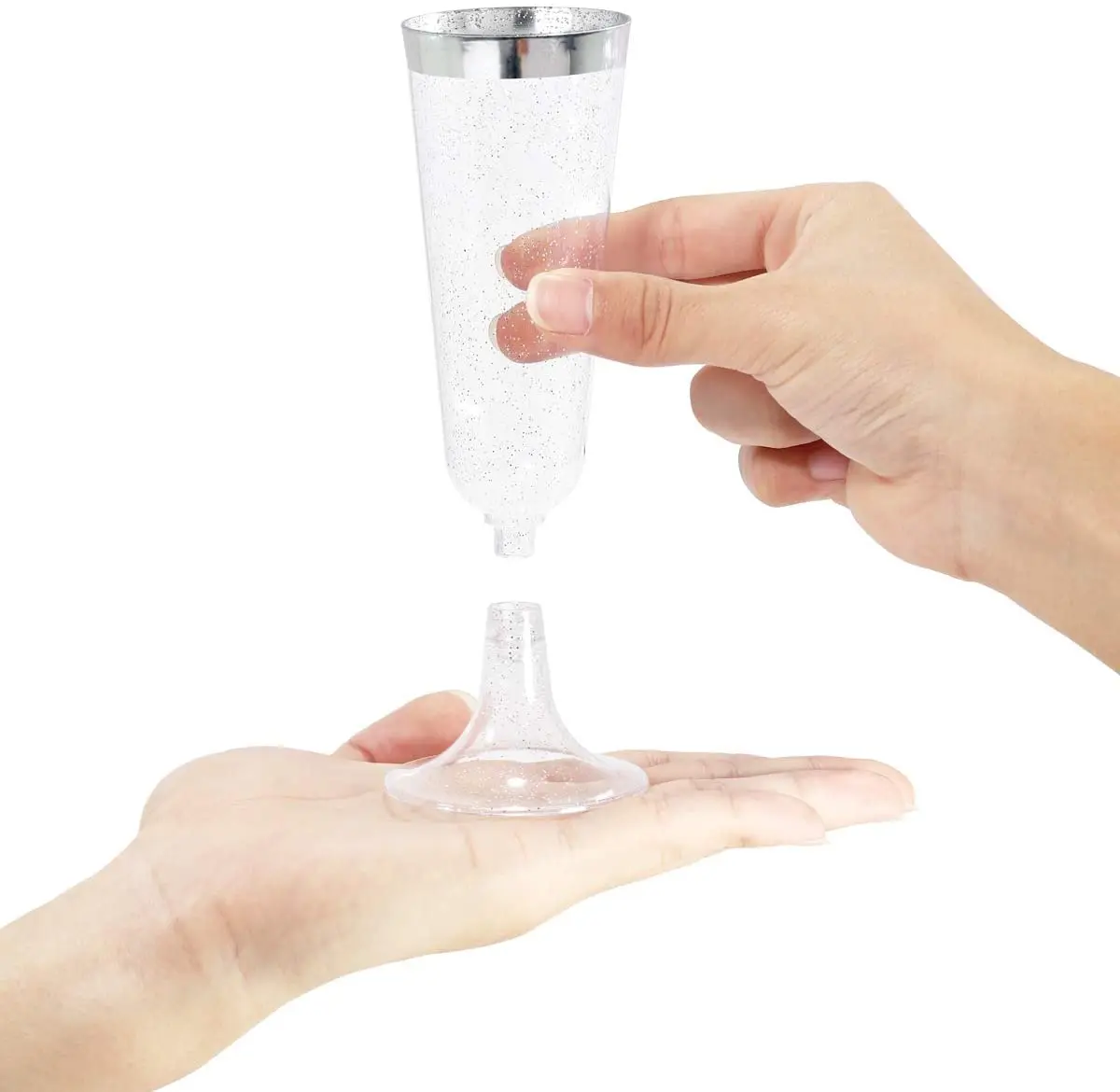 Silver Rim glitter Champagne Flutes 4 Oz Disposable Champagne Glasses, Plastic Toasting Glasses for Celebration, Wedding