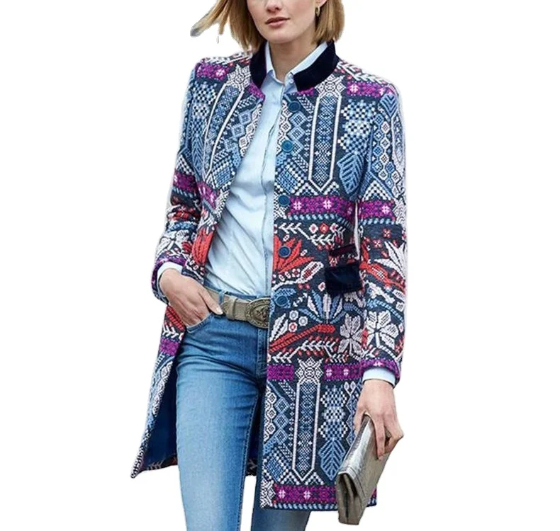 Womens Jackets Autumn Vintage Ethnic Style Floral Print Long Sleeve Plus Size Cotton  Overcoat Loose Coat  Jacket