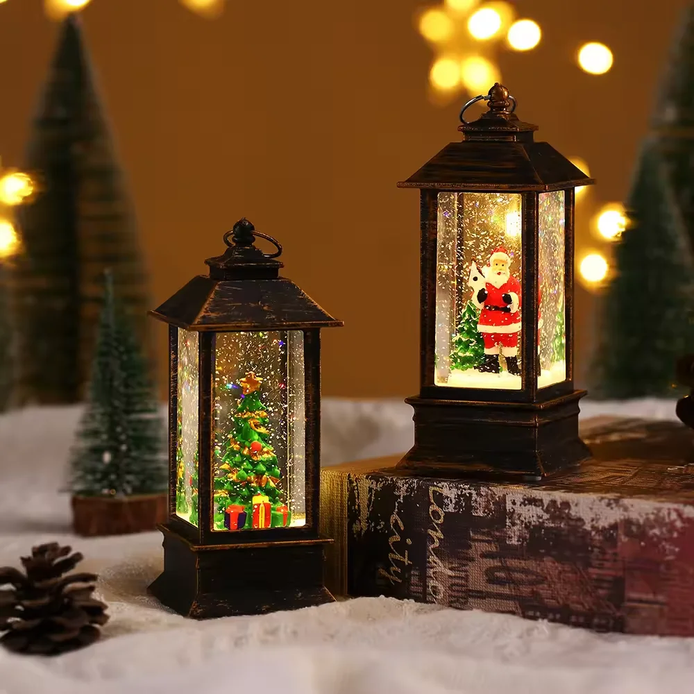 Christmas Snow Globe Light Quadrate Glitter Lantern Lamp Water Lantern Indoor Decoration Table Top Light Christmas Decor Battery