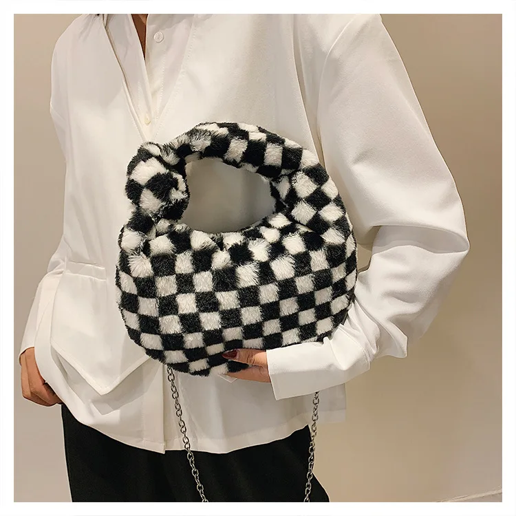 Fashion Winter Bags For Women Cute Furry Purse Leopard Print Handbags Lady Fuzzy Cow Shoulder Tote Women Fur Underarm Bags