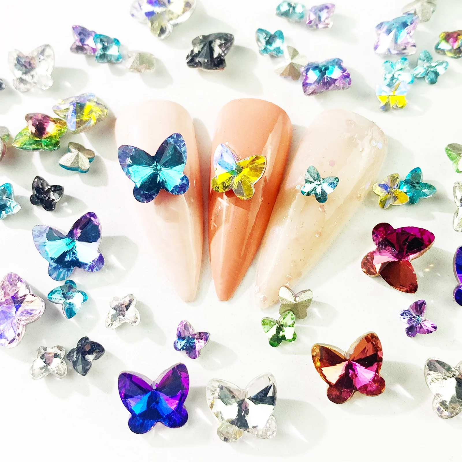 Popular Champagne Moonlight Crystal Butterfly Manicure Accessories Bulk Mini Butterfly Pointed Back Shaped Rhinestone For Nails