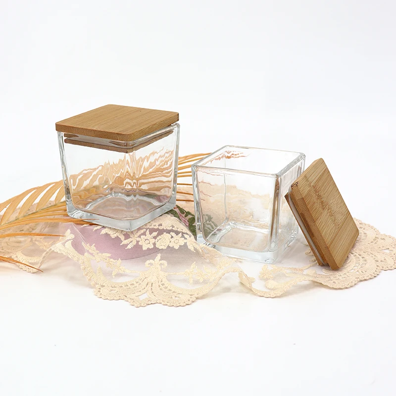 In Stock 240ml Clear Square Candle Jar With Bamboo Lid Glass Transparent Simple Aromatherapy Candle Cup Square Candle Holder Jar