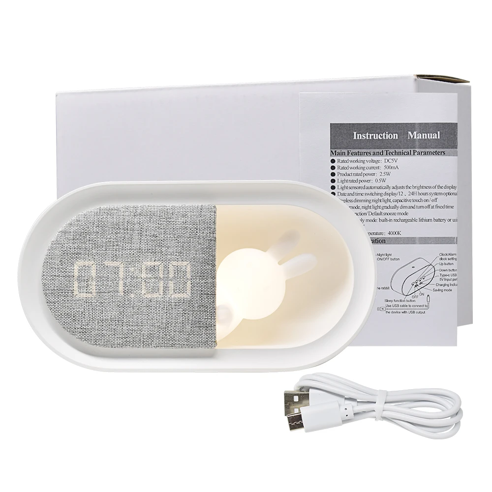 Rechargeable digital night light Touch Dimming Modern fabric covered LED Snooze desk kids alarm clock