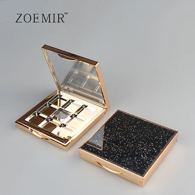 Glitter eyeshadow palette black custom logo square pan gold metal mini eyeshadow palette 9 color packaging