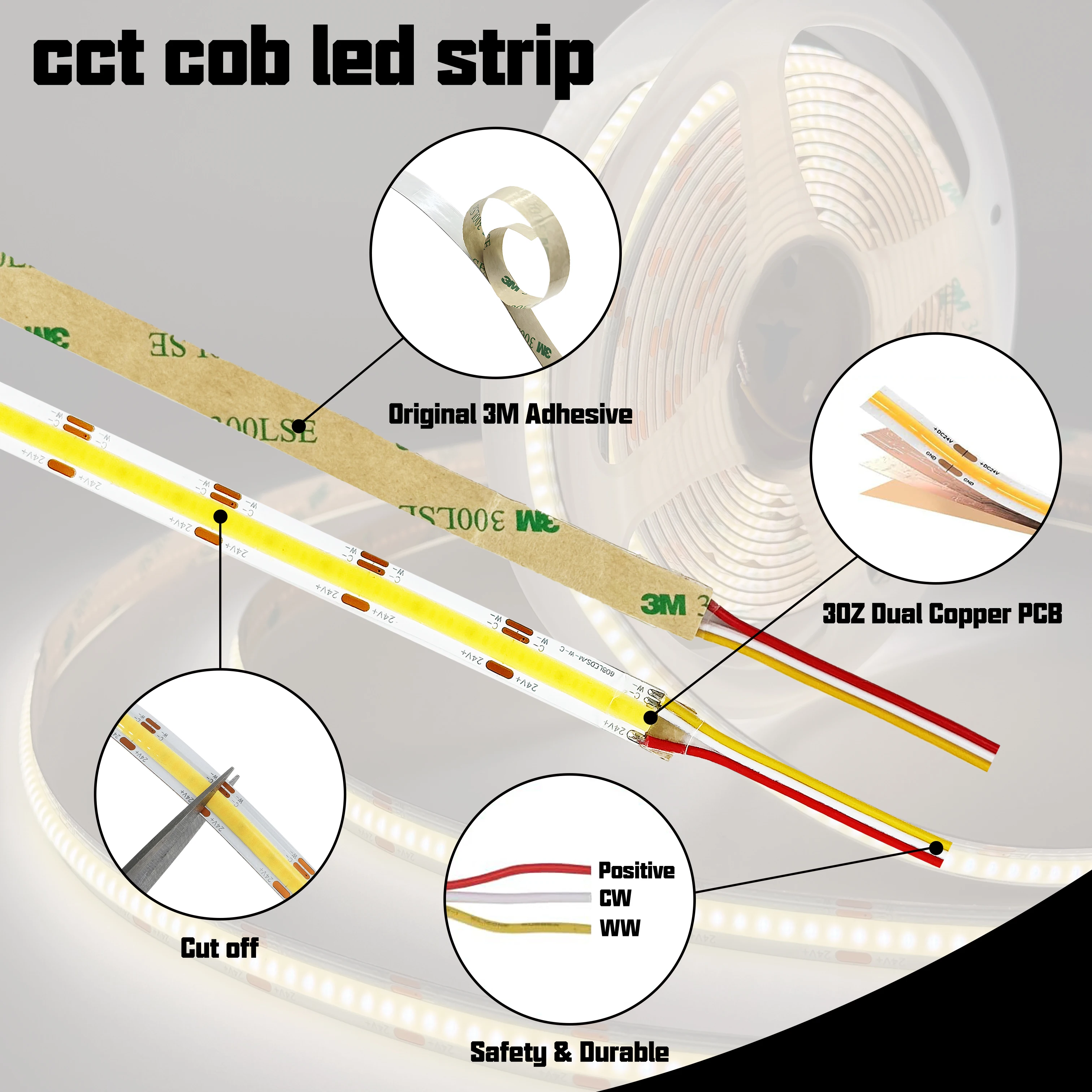 608Leds 12V 24V Cob 10Mm Dual Color Flexible Led Strip Light Ra90 Linear Light Without Light Dot Led Strip Rgb Cct Dimmable