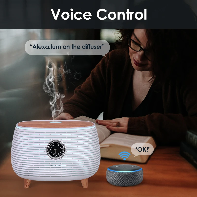 400ML Portable Smart Cool Mist Music Humidifier Aromatherapy Essential Oil Wooden Grain Diffusers with Music Speaker and Clock