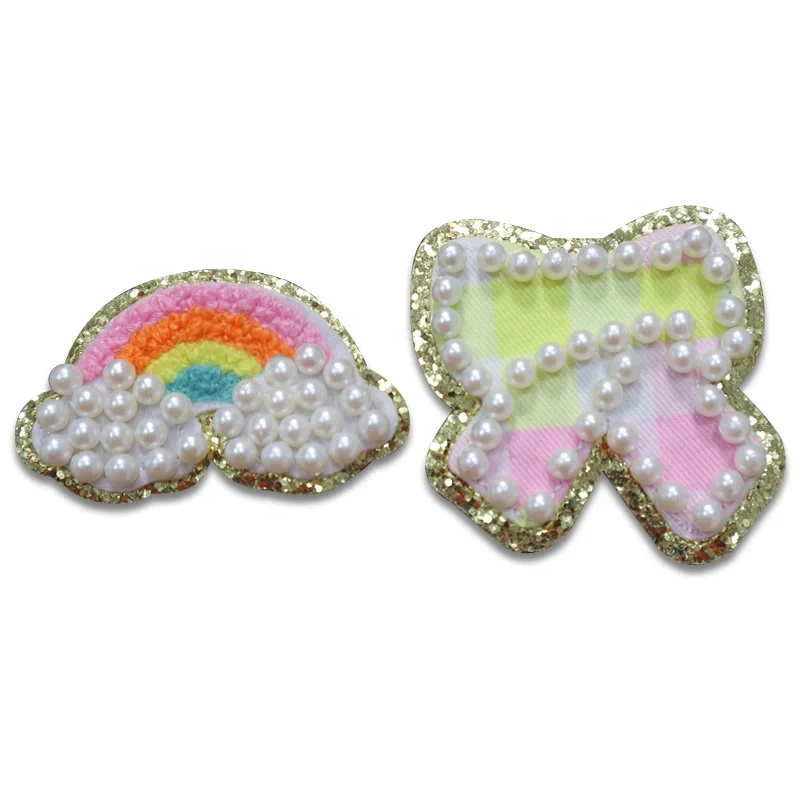 March Expo Hot Selling Custom Embroidery Pearl Heart Patches ,Rainbow Chenille Patch Iron On