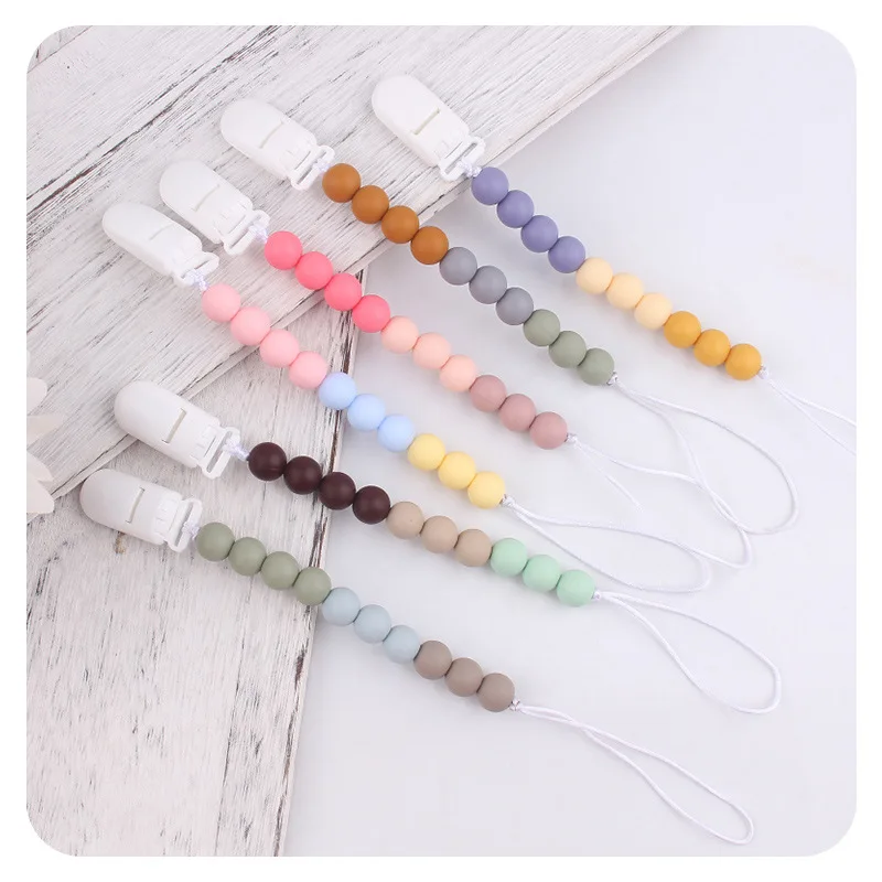 New Customization BPA Free Silicone Chew Beads Pacifier Clips Dummy Chain Holder Anti Drop Dummy Chains Baby