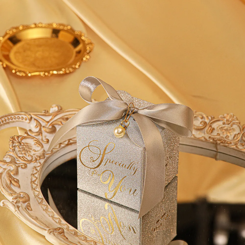 Gold Silver Luxury Birthday Party Wedding Favor Packaging Glitter Paper Gift Box Bag Sweet Candy Boxes With Ribbon