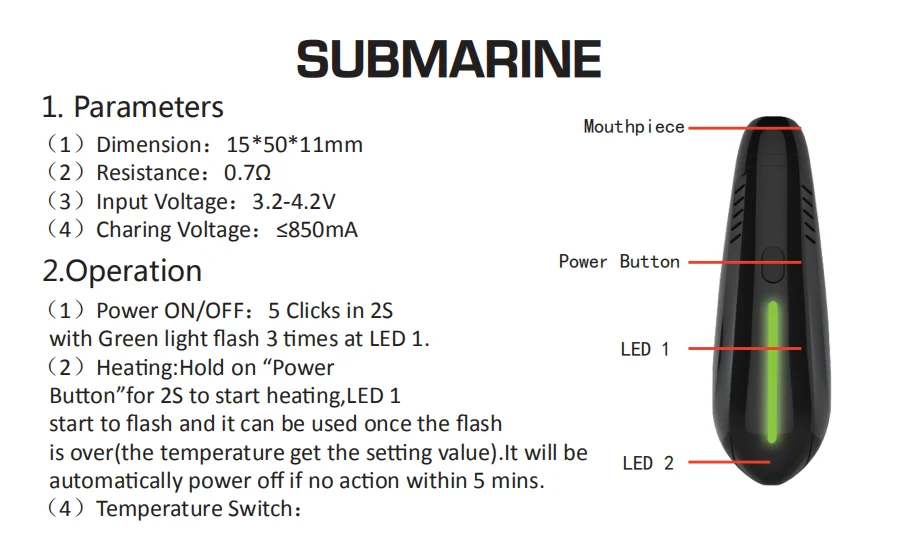 
Hot selling genuine e-cigarette Submarine dry herb vaporizer with larger 2200mAh capacity battery 