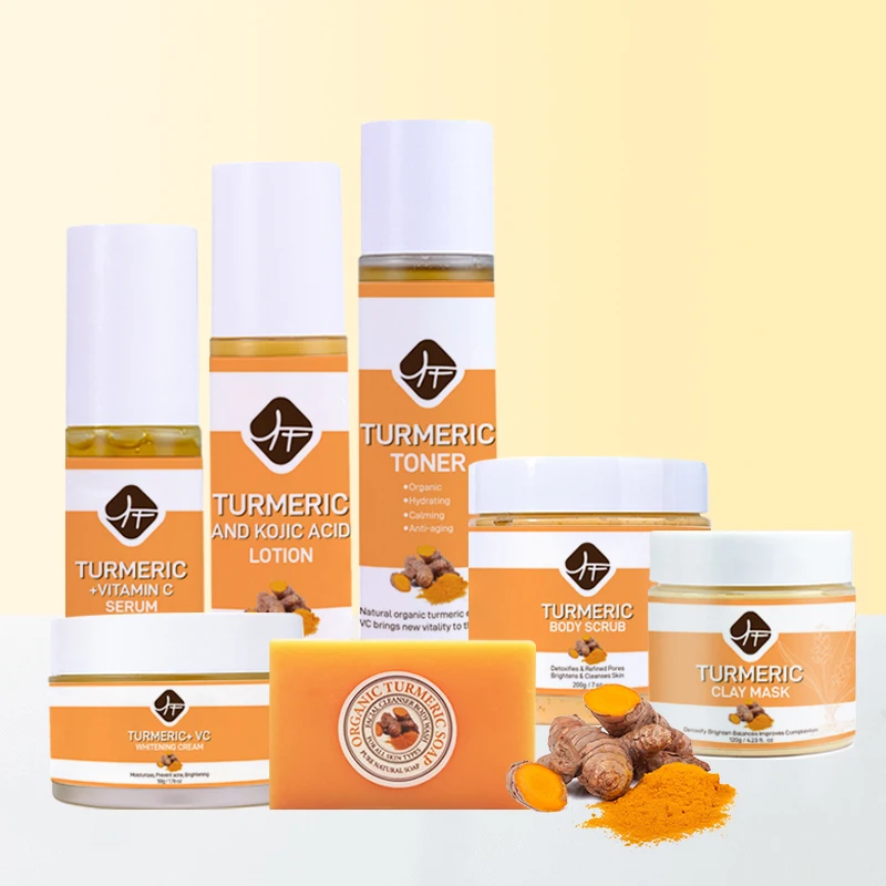 Factory Custom Turmeric Anti-Aging Skin Care Set Facial Care Lotion, Serum, Toner, Scrub, Cream, Mud Mask, Soap