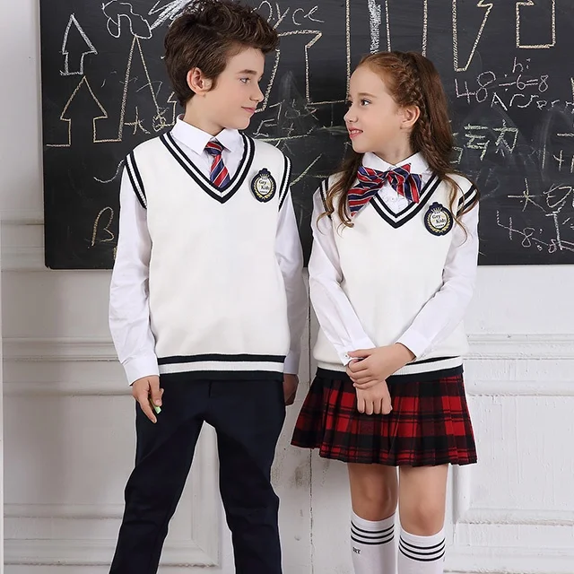 Exquisite Unisex preschool uniforms V-shaped sweater vest checked skirt school uniform fabrics Suit Uniform School Kids Girls