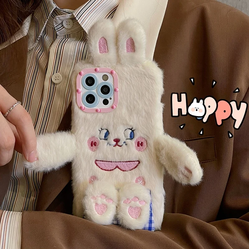 Flocky Animal Bear Fur Phone Cases for iPhone 14 12 13 pro max Fuzzy Doll Faux Fluffy Rabbit Cellphone Covers