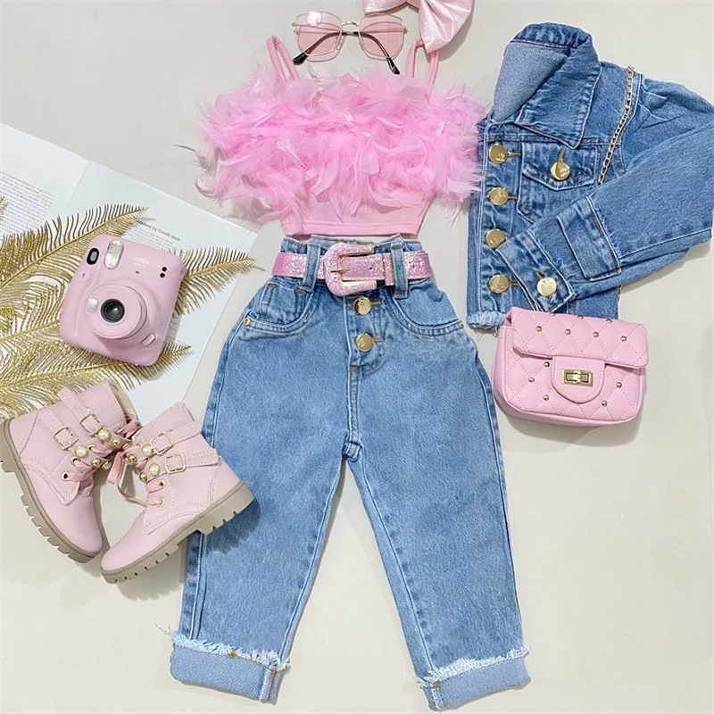 RTS  2023   Summer Clothes Baby Sleeveless Feather Vest Tops Denim Pants Jeans 2PCS Children Fashion Outfits Girls sets