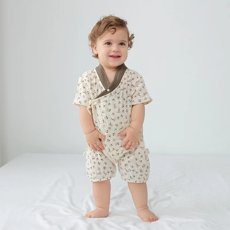 Summer Newborn Infant Toddlers Boys Girls Cartoon Thin Short Sleeve Pajamas Muslin Cotton Clothes Baby Rompers