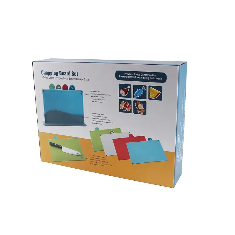 Hot Selling dishwasher safe BPA Free Non slip 4 pcs colorful plastic kitchen Chopping Board Set with Index and Draining Holder
