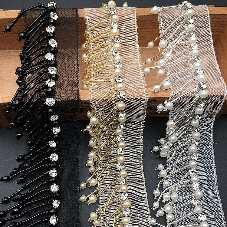 Handmade beaded rhinestone tube pearl tassel lace clothing dress wedding decoration diy accessories lace trim