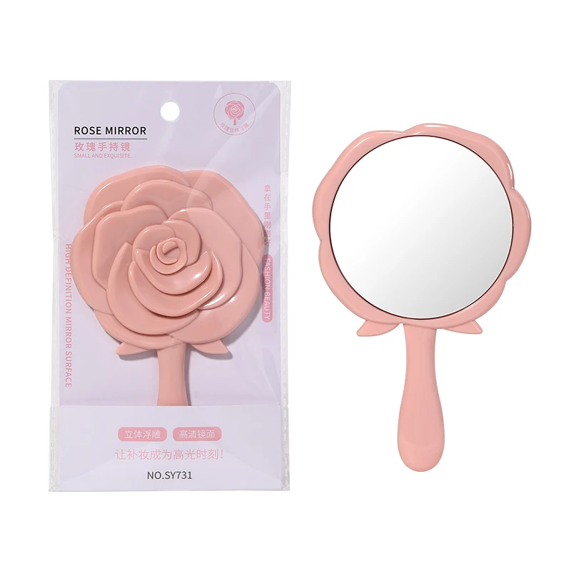 LMLTOP Portable Makeup Mirror SY731 Pink Rose Design Handheld Makeup Mirror Custom Printing Pocket Cosmetic Mirror