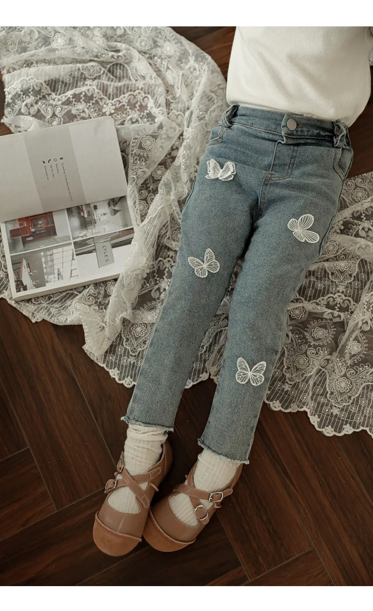 W1538YQ1600 new arrival baby girls jeans straight pant infant kids denim pants children clothing sets boutiques butterfly