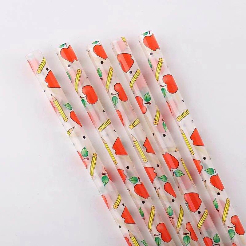 2022 latest fashion teacher straw with apple & pencil, hot sales PP hard plastic teacher straw for school children