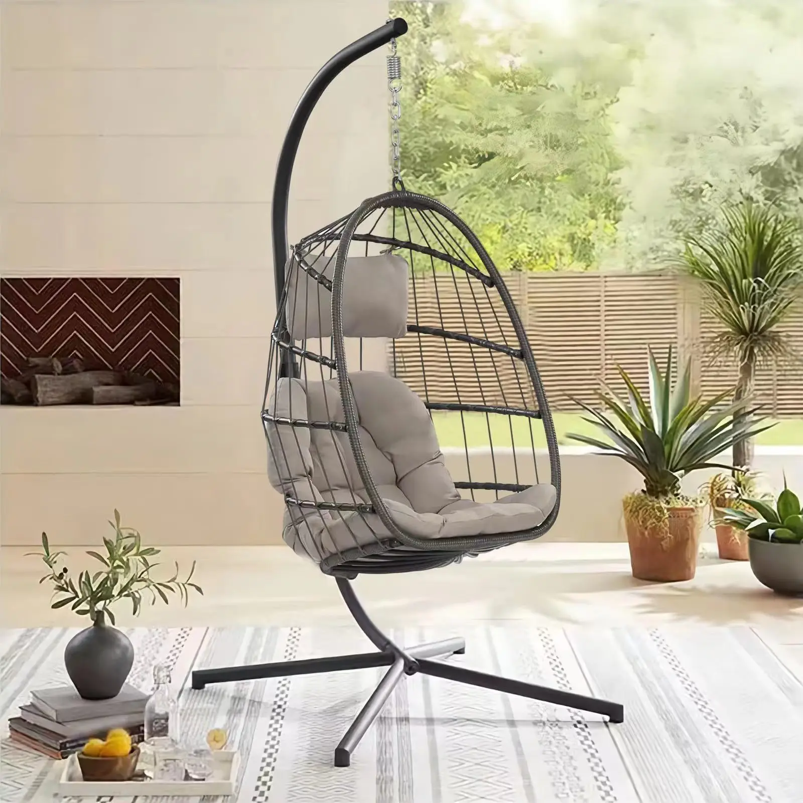 Outdoor Living Room Standing Egg Chair Foldable Egg Chair PE Plastic Rattan Weave Egg Chair Cheap Outdoor Furniture