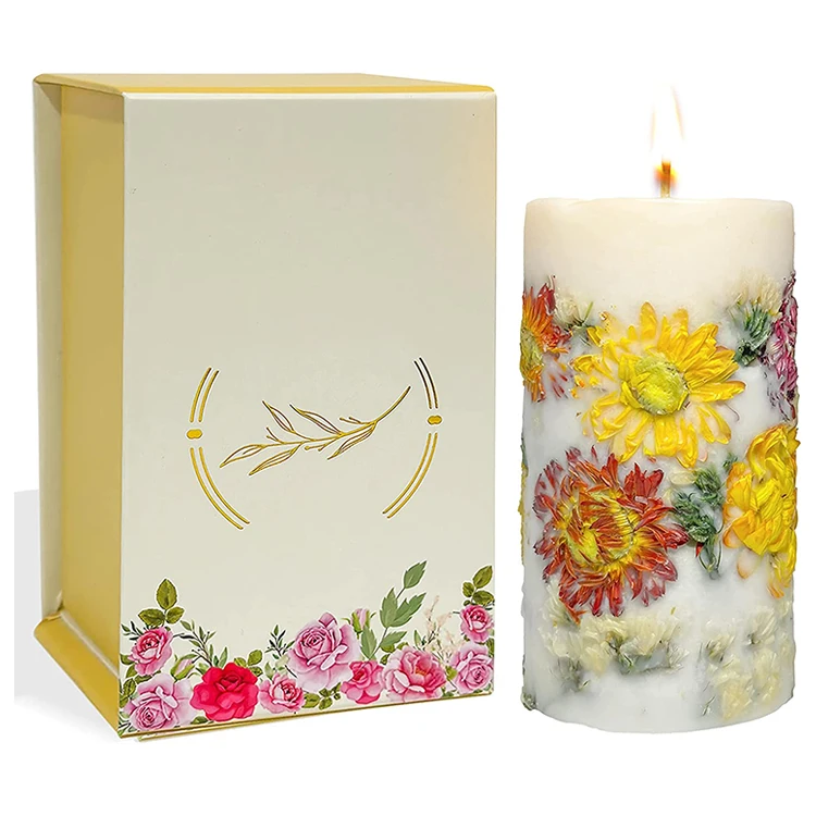 Natural Home Hand Poured Luxury Core Wick Dried Flowers Soy Wax Pillar Kiwi Passionfruit Scented Candle With Gift-Boxed