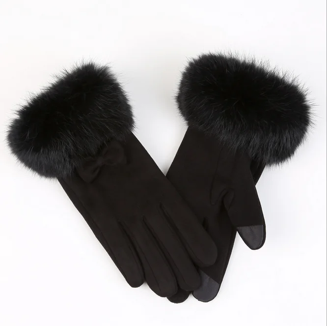 Custom Factory Winter Warm Faux Fleece Cuff Gloves With Velvet Reinforced Suede Imitation Rabbit Fur Gloves