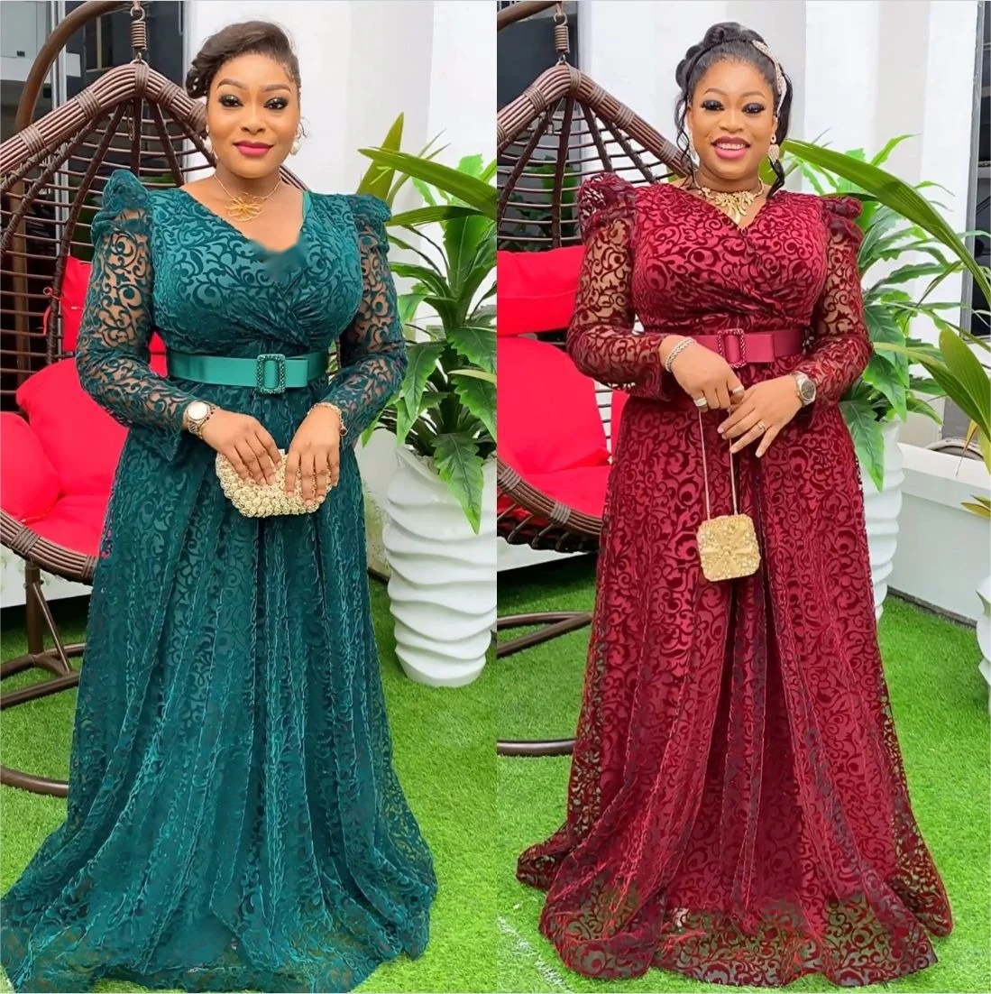 Modest African Elegant Luxury Dot Lace Long Sleeve Maxi Dress For Women K0409