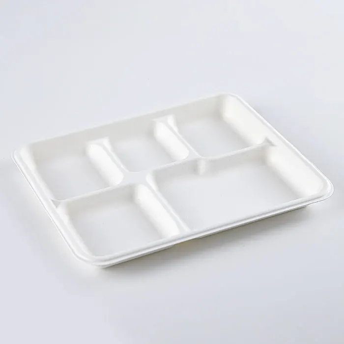 100% Natural 5 Compartment Disposable Sugar Cane Fiber Plates Eco-friendly Square Sugarcane Bagasse Tableware Food Tray