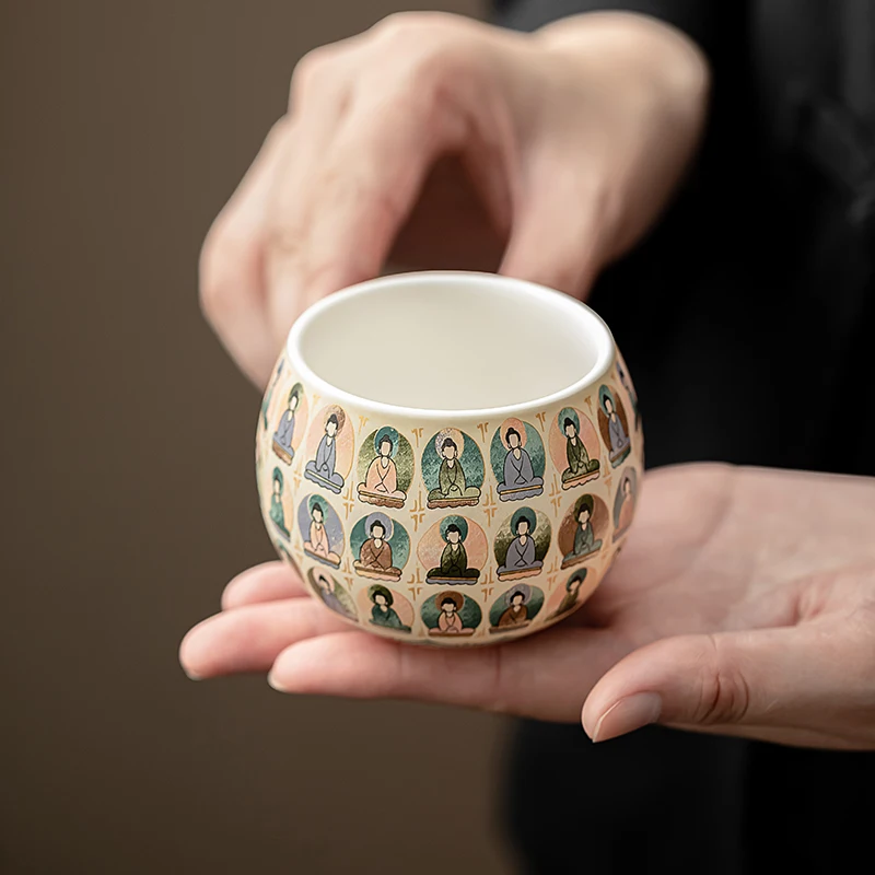 Vintage Thousand Buddha Ceramic Kung Fu Cup Individual Single Espresso Tea & Coffee Cup