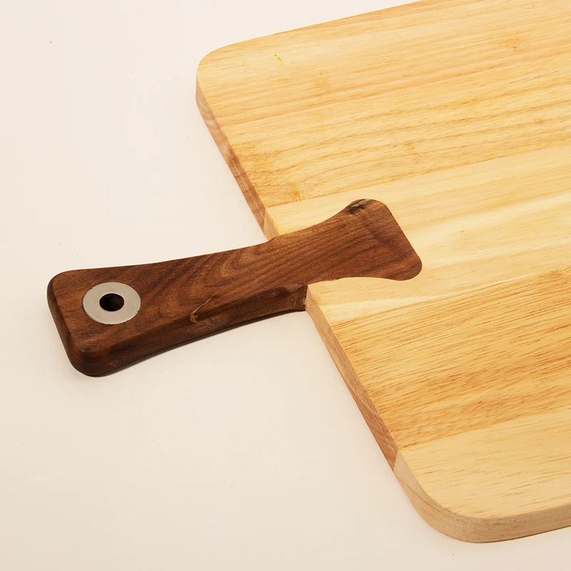 Natural Rubber Wood walnut wooden handle Chopping Board For Cheese Cutting Kitchen use Wood Steak Platter With Metal Hole