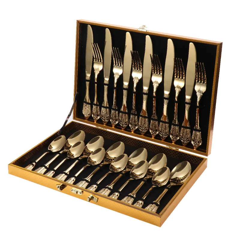 Amazon 24pcs Gold Plated Flatware With Gift Box Fork Spoon Knife Stainless Steel Cutlery Metal Tableware Set