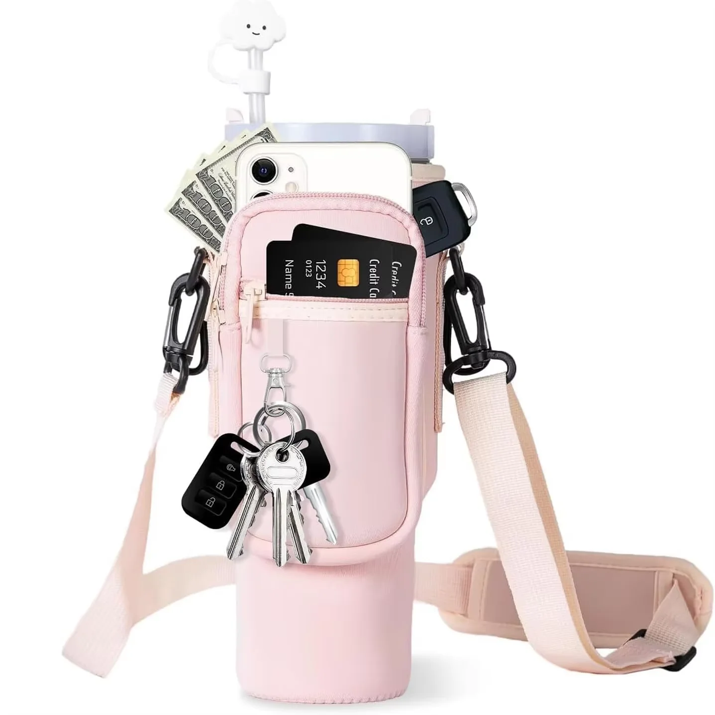 JLD Hot Sale 40 OZ Neoprene Shoulder Strap Tumbler Cup Water Bottle Carrier Crossbody Sling Holder Bag with Zipper Phone Pocket