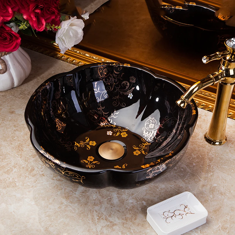 Artistic Black with Gold Floral Design wash basin Ceramic Counter Top Wash Basin Bathroom Sinks bathroom washbasin cabinets